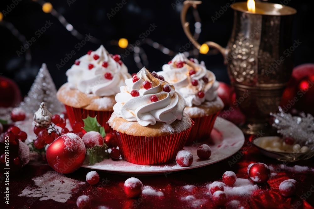 Christmas cupcakes on a plate with whipped cream and Christmas decoration. Christmas and winter background and bokeh Christmas cupcakes on a plate with whipped cream and Christmas decoration. Christmas and winter background and bokeh