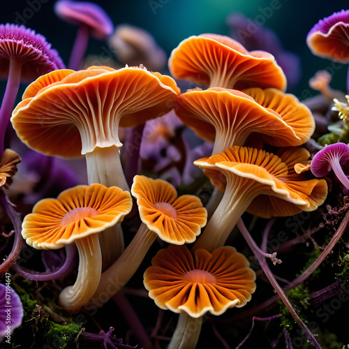 A group of orange and purple mushrooms.