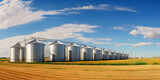 Grain silos in corn field silver tanks wheat granary Silos in a barley field storage of agricultural production AI generative