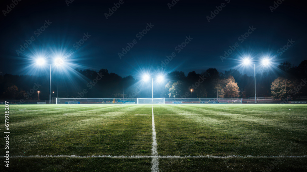 Lights shine brightly on the soccer field, ready for action - obrazy, fototapety, plakaty 