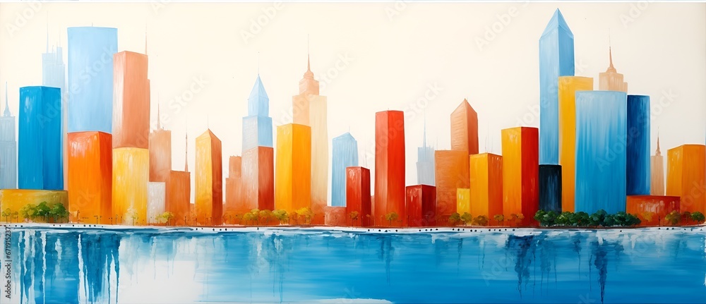 City landscape wall art painting with long brush strokes  from Generative AI