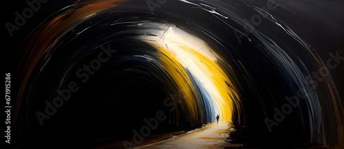 Dark tunnel art painting with long brush strokes from Generative AI