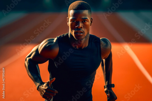 A determined athlete running on a track. Concept of training, sports and competition