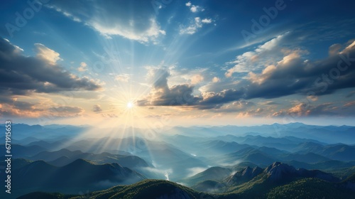 Sunlight gracefully dances atop the high mountain peaks