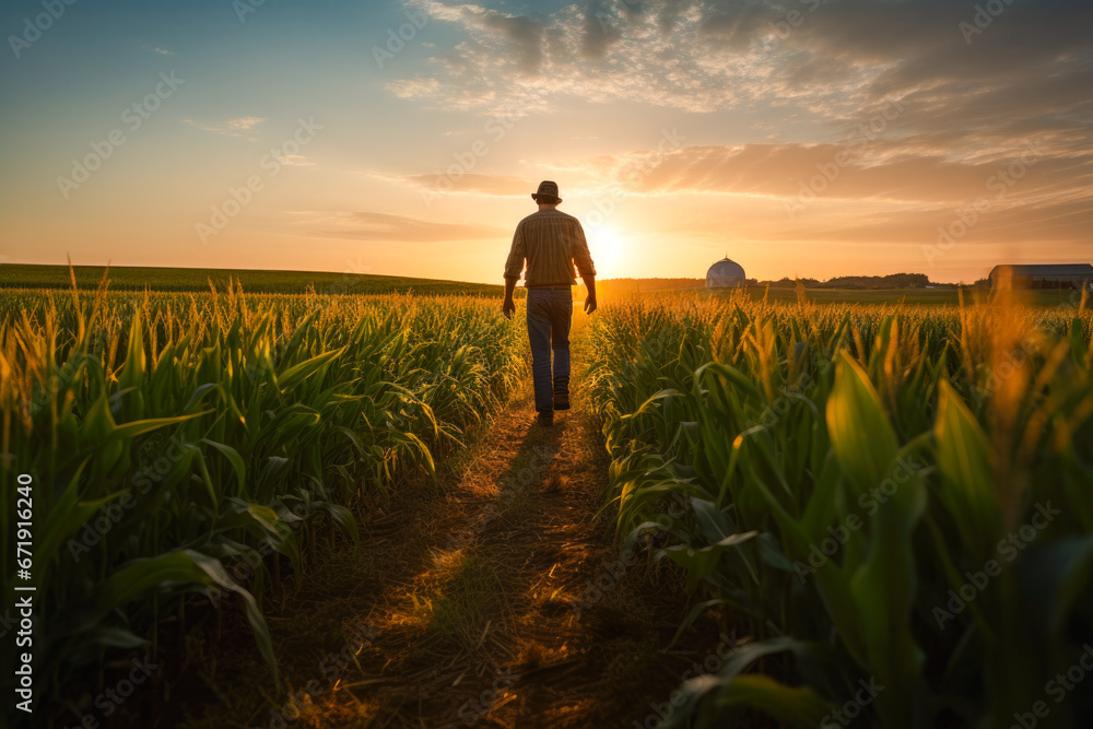 Fototapeta premium A farmer walking through corn field at dawn with grain silo in the distance, depicting rural life and agriculture