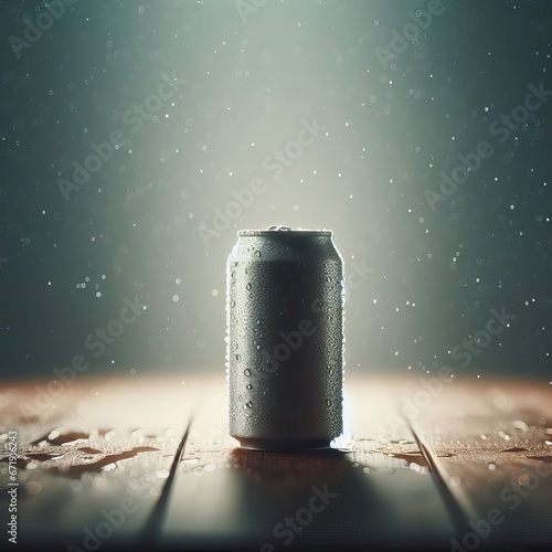 Clean aluminium soft drink can on wet plate wiith water droplets generative ai illustration