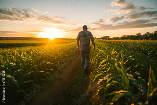 A farmer walking through corn field at dawn with grain silo in the distance, depicting rural life and agriculture