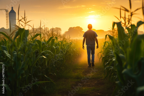 A farmer walking through corn field at dawn with grain silo in the distance, depicting rural life and agriculture