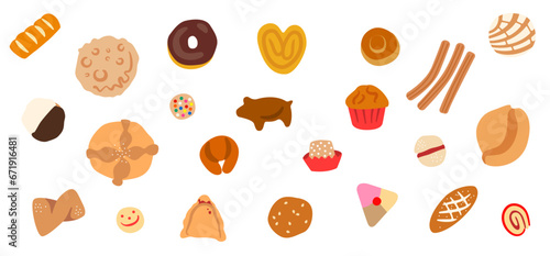 Set of traditional Mexican bakery bread flat illustrations, day of the dead, donut, biscuit, cookie, muffin, bunuelo, pie, fritter, bread roll, bolillo, pan frances, cochinito, croissant, cuernito photo