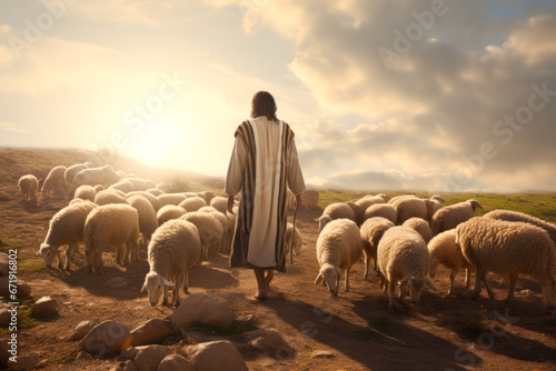 Jesus the good shepherd, guiding his sheep. A christian concept © MVProductions