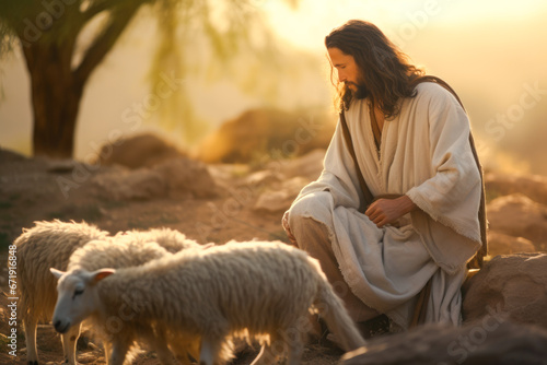 Jesus the good shepherd, guiding his sheep. A christian concept photo