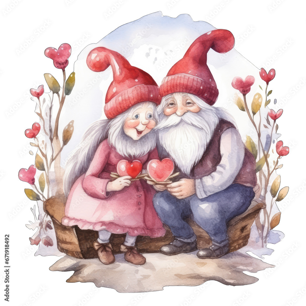 Fototapeta premium Cute gnome romantic couple, for Valentine's day, watercolor illustration, isolated on white background