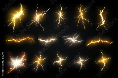 A set of electric thunder bolts, lights effects. Isolated on a black background. Magical, sorcery concept photo