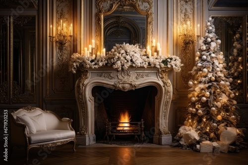 Calm image of christmas interior. Classic New Year Tree decorated in a room with fireplace. © malkovkosta