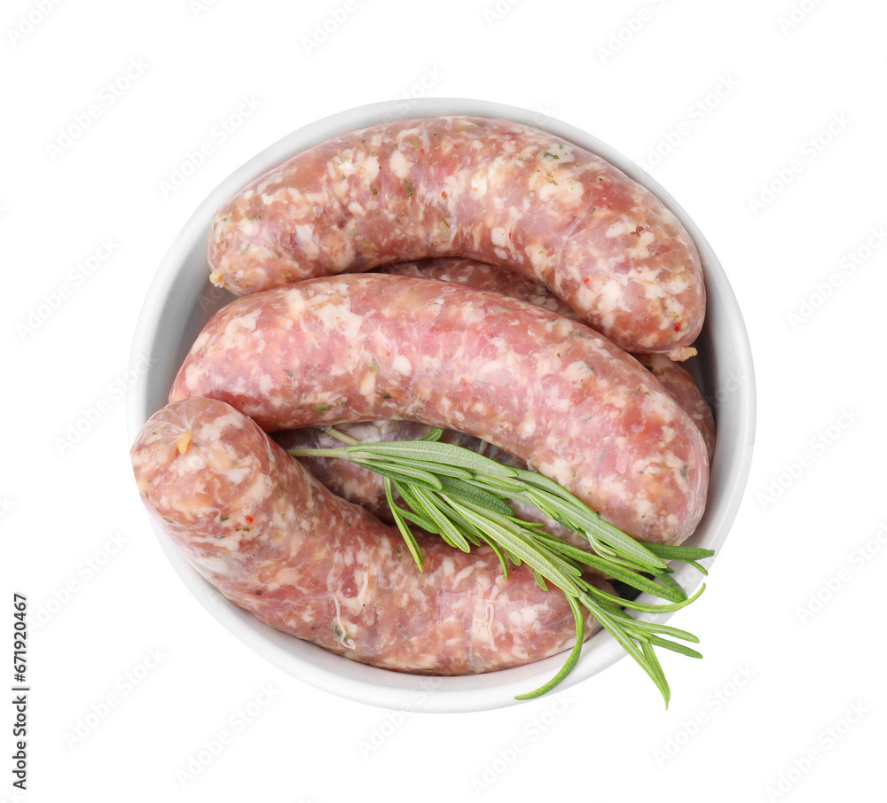 Raw homemade sausages and rosemary in bowl isolated on white, top view Raw homemade sausages and rosemary in bowl isolated on white, top view