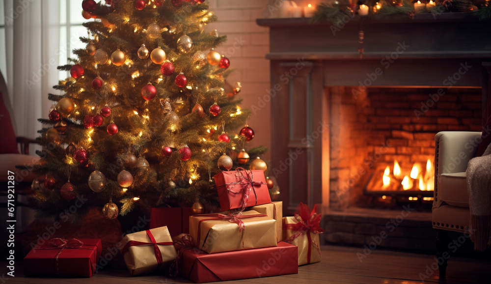 fireplace by the christmas tree full of decorations on christmas eve