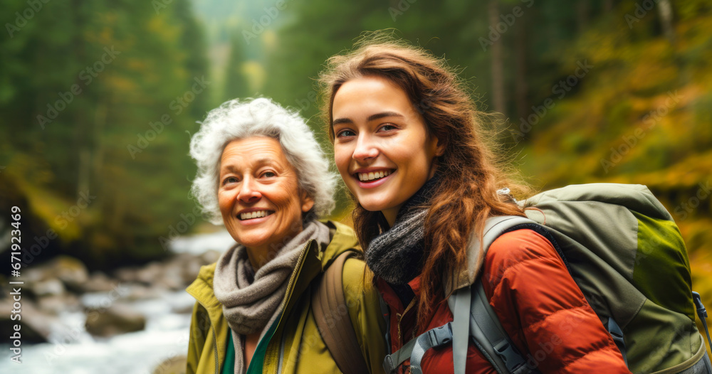 Young woman and her grandmother hiking together in the forest, with a calm stream flowing in the background. Adventures and bonding create a cherished moment in nature's embrace Young woman and her grandmother hiking together in the forest, with a calm stream flowing in the background. Adventures and bonding create a cherished moment in nature's embrace