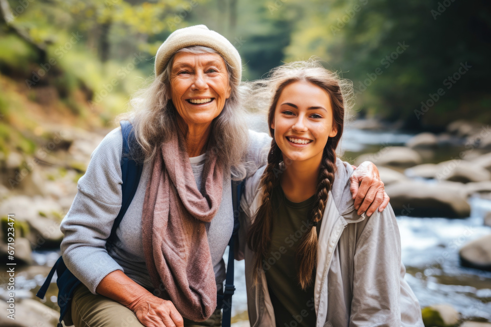Young woman and her grandmother hiking together in the forest, with a calm stream flowing in the background. Adventures and bonding create a cherished moment in nature's embrace