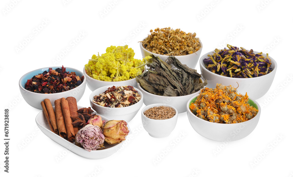 Many different dry herbs, flowers and spices in bowls isolated on white Many different dry herbs, flowers and spices in bowls isolated on white