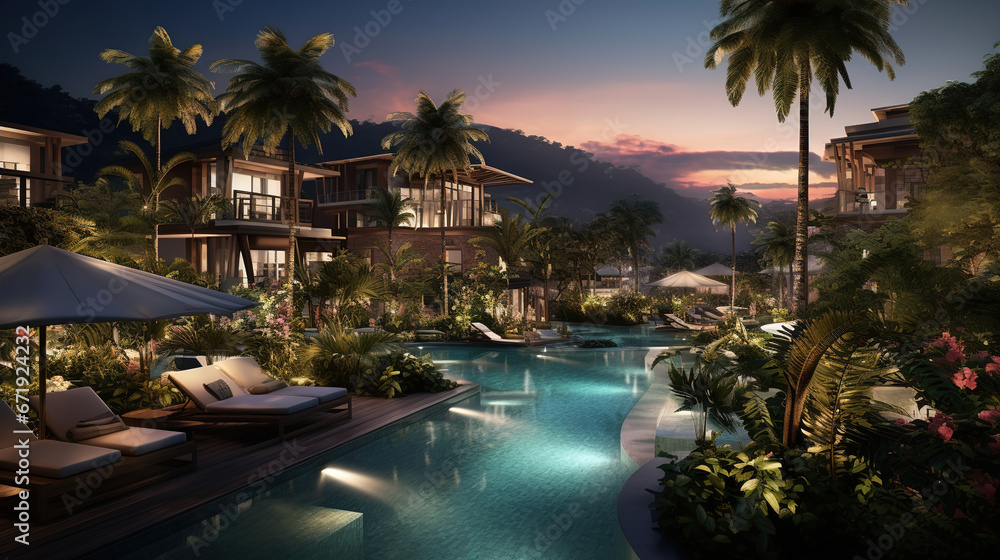 Modern Luxury Resort Image Featuring a Serene Poolside with Elegant Seating by the Seaside Beach