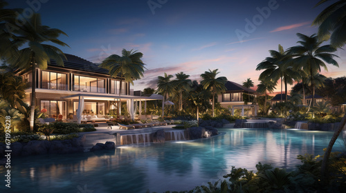 Modern Luxury Resort Image Featuring a Serene Poolside with Elegant Seating by the Seaside Beach