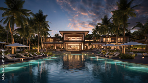 Modern Luxury Resort Image Featuring a Serene Poolside with Elegant Seating by the Seaside Beach