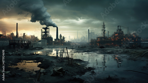 Scenic Industrial Landscape with Iconic Factory Smoke Stacks and a Serene Puddle of Water