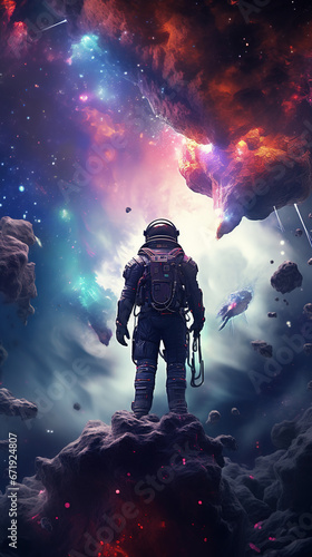 Astronaut Embarking on a Celestial Odyssey Through the Colorful and Vivid Cosmic Clouds of the Unknown, Journeying to the Mystical Realm of Knowhere in the Vast Expanse of Space