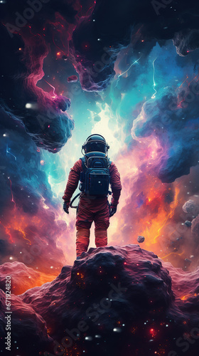 Astronaut Embarking on a Celestial Odyssey Through the Colorful and Vivid Cosmic Clouds of the Unknown  Journeying to the Mystical Realm of Knowhere in the Vast Expanse of Space