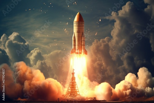 Space rocket flying. Startup and begin concept. Generative AI