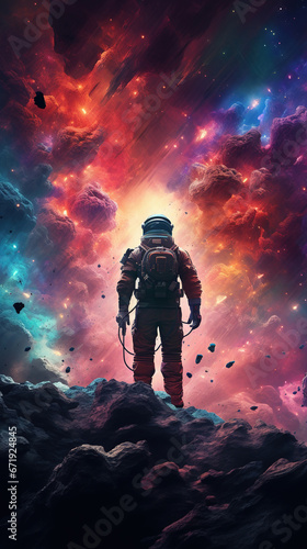 Astronaut Embarking on a Celestial Odyssey Through the Colorful and Vivid Cosmic Clouds of the Unknown  Journeying to the Mystical Realm of Knowhere in the Vast Expanse of Space