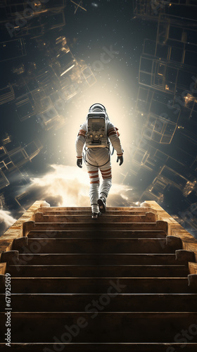 Astronomical Voyager Ascending the Celestial Staircase in the Enigmatic Knowhere of Abstract Surreal Space Expedition photo