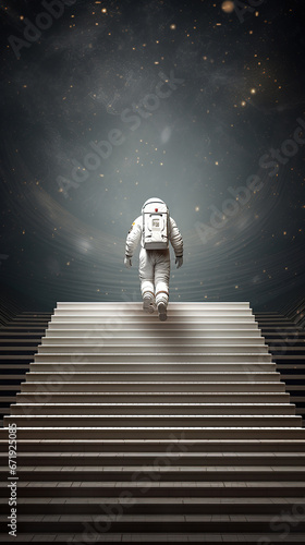 Astronomical Voyager Ascending the Celestial Staircase in the Enigmatic Knowhere of Abstract Surreal Space Expedition