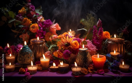 Colorful candles burning for diwali celebration