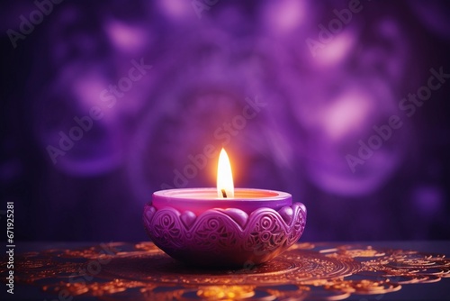 Colorful burning candles on purple background for diwali celebration photo