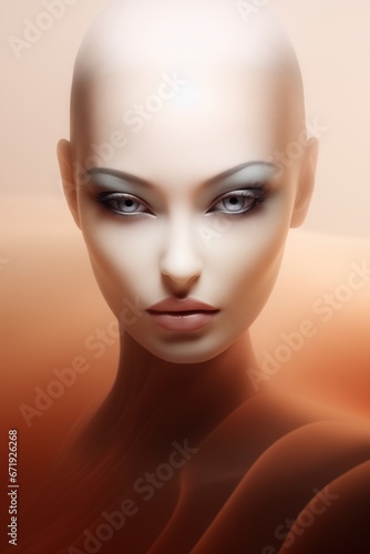 Cyber acrylic mannequin female robotic android with minimal futuristic fashion shoot orange desert dune backdrop, smooth artificial skin, bald head, exaggerated humanoid features. 
