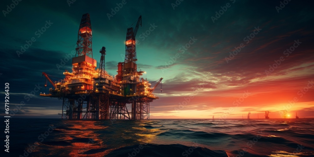 Twilight on the Horizon: Oil Rig Stands Tall in the Ocean, Symbolizing Offshore Industry and Energy Extraction Twilight on the Horizon: Oil Rig Stands Tall in the Ocean, Symbolizing Offshore Industry and Energy Extraction