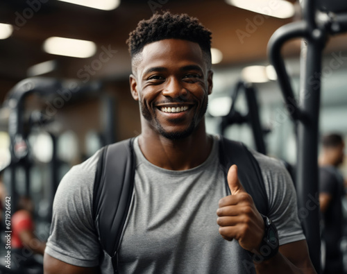 A cheerful black man at the gym, expressing a positive outlook by giving a thumbs-up, representing the notion of fitness and a wholesome way of living.