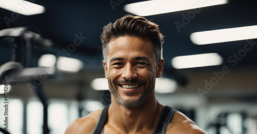 Smiling man in the gym, giving a thumbs-up with a positive attitude, symbolizing the idea of sports and a healthy lifestyle