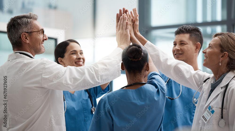 Hands, high five and collaboration with a team of a doctor, nurse and health professional working in the hospital. Teamwork, motivation and support with a medical group at work in a clinic for care - obrazy, fototapety, plakaty 
