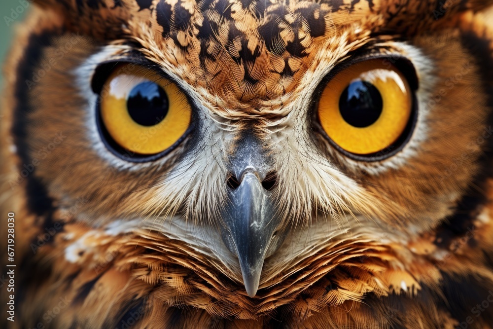 Owl face with staring eyes, digital illustration, fauna and wildlife concept. Generative AI Owl face with staring eyes, digital illustration, fauna and wildlife concept. Generative AI