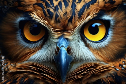 Owl face with staring eyes, digital illustration, fauna and wildlife concept. Generative AI photo