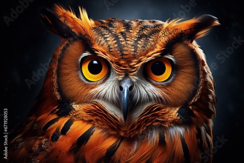 Owl face with staring eyes, digital illustration, fauna and wildlife concept. Generative AI © Deivison