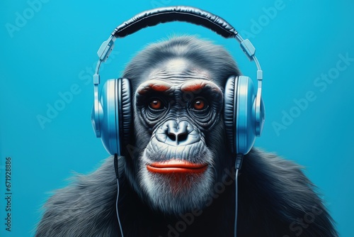 Illustration of chimpanzee with headphones, leisure and entertainment music concept, blue background. Generative AI