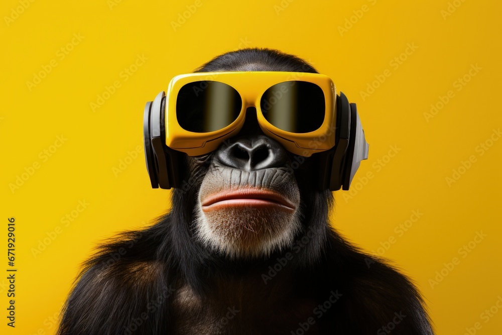 Chimpanzee illustration with virtual reality glasses, leisure and entertainment concept, background. Generative AI Chimpanzee illustration with virtual reality glasses, leisure and entertainment concept, background. Generative AI
