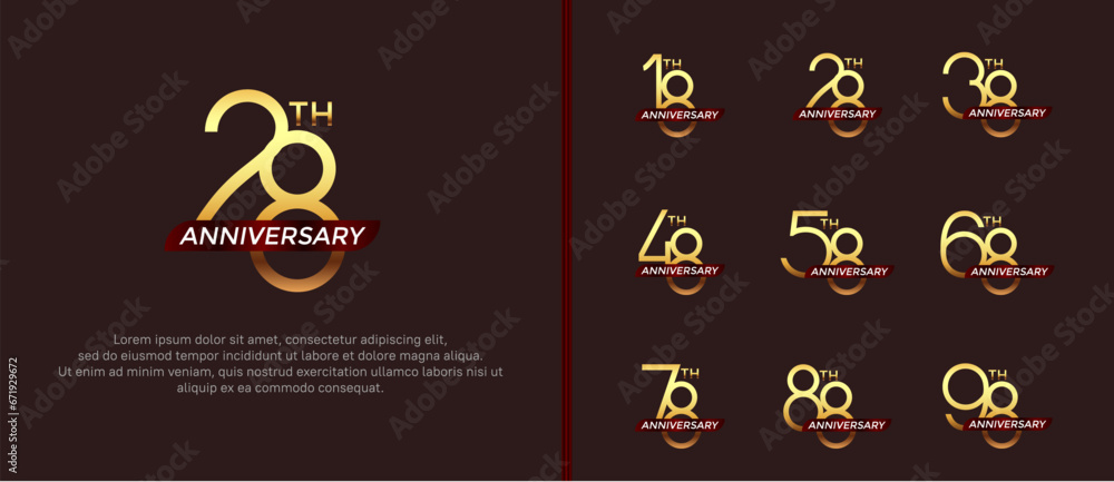 set of anniversary logo gold color and red ribbon on brown background for celebration moment - obrazy, fototapety, plakaty 