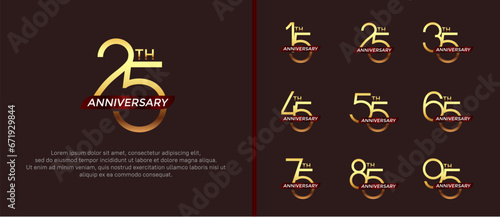 set of anniversary logo gold color and red ribbon on brown background for celebration moment