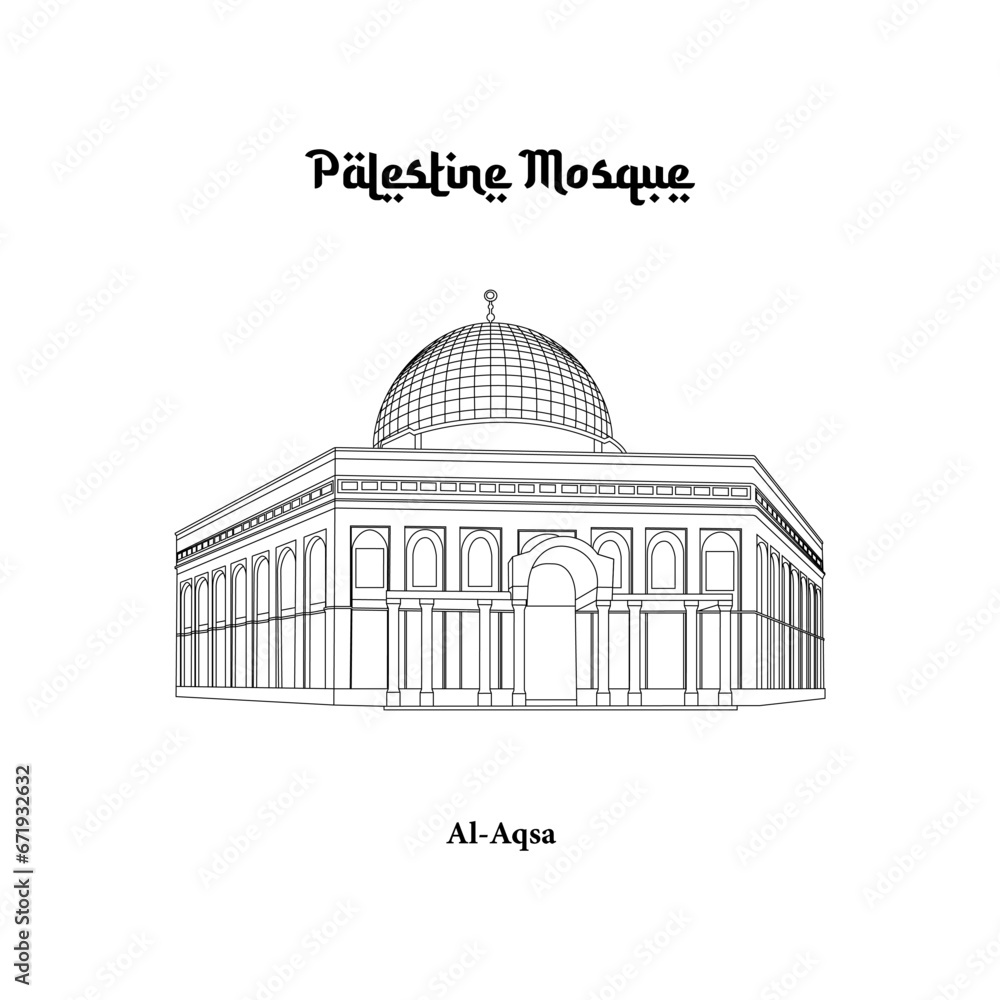Vector design of the Al Aqsa Mosque in the city of Jerusalem. Palestine Mosque line art design isolated white background