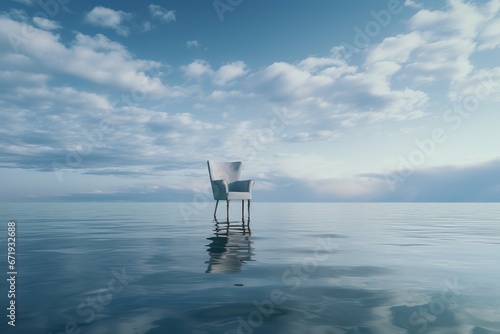 Free photo single chair reflecting on a water surface on a stormy day Generative AI