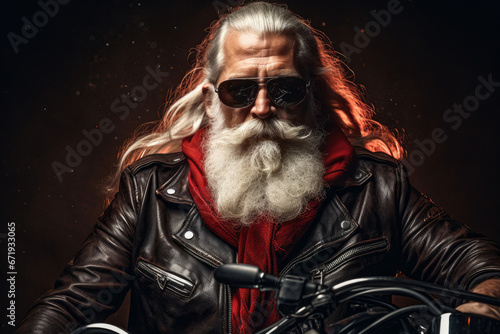 Cool Santa Claus as a biker with sunglasses and a leather jacket.